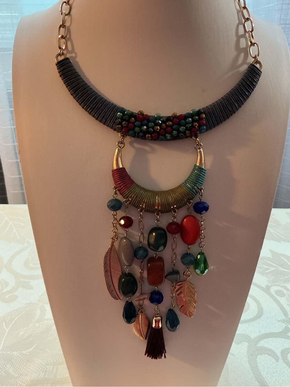 Multicolored Boho Multi-Media Bib Fringe Gold Tone Necklace